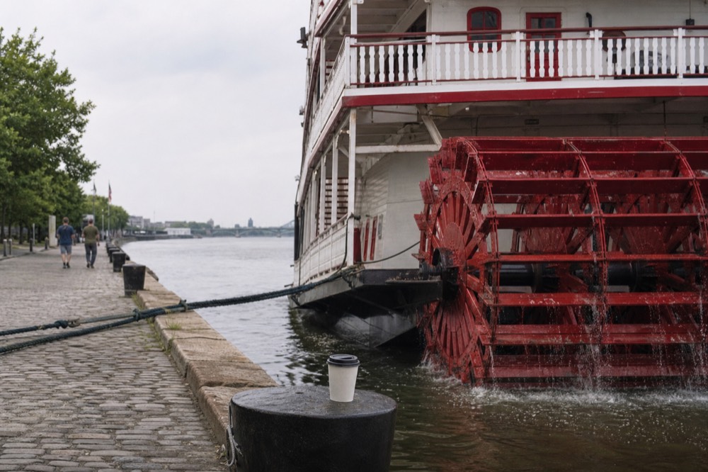 A red paddlewheel riverboat docked along River Street, no text, no logos, no people