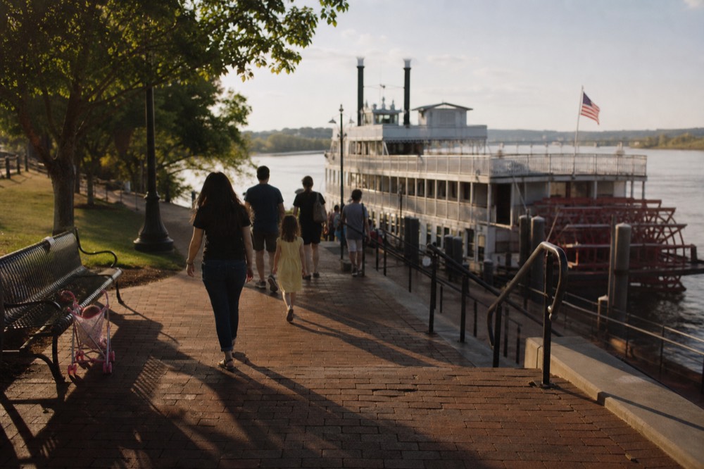 Families walking along the Savannah riverfront toward a docked paddlewheel riverboat, no text, no logos, no people