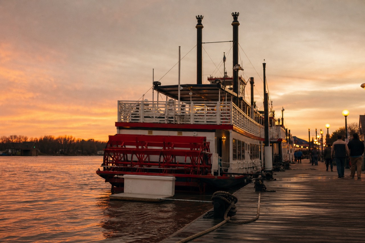 Red and white paddlewheel riverboat docked on the Savannah River at dusk, no text, no logos, no people.