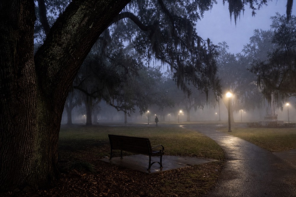 Historic Savannah square with live oaks and moss at twilight, no text, no logos, no people