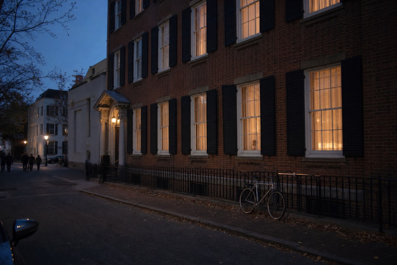 Historic brick hotel facade in downtown Savannah at dusk, no text, no logos, no people