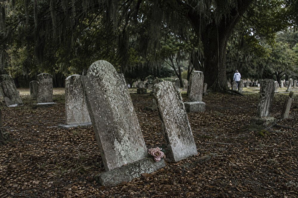 Weathered headstones in a historic Savannah cemetery under live oaks, no text, no logos, no people