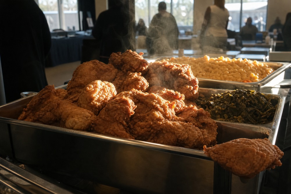 Close-up of fried chicken, mac and cheese, and greens on the gospel dinner cruise buffet, no text, no logos, no people