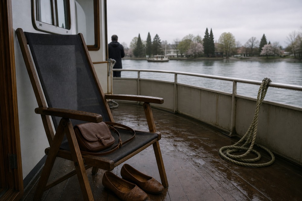 A small crossbody bag and flat shoes resting on a riverboat deck chair at dusk, no text, no logos, no people