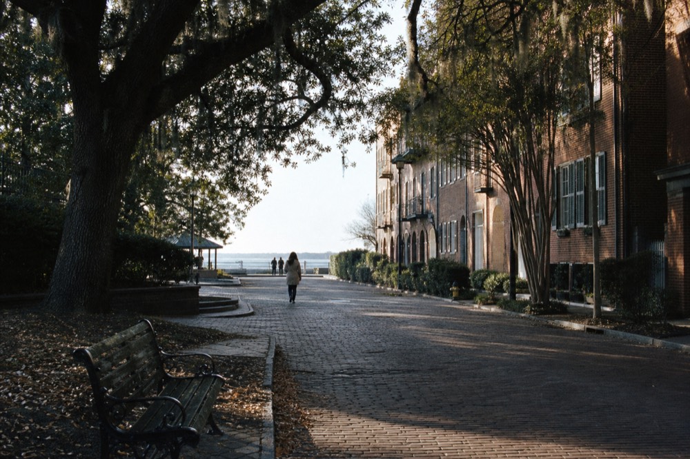 Historic district street with moss-draped oaks and brick facades near the riverfront, no text, no logos, no people