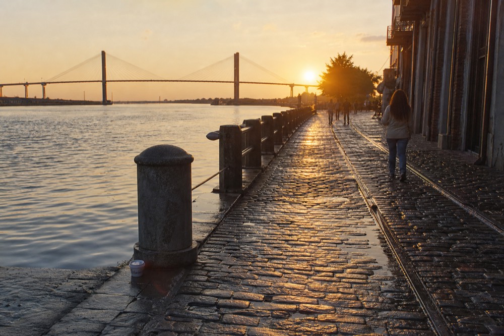 Evening light on the Savannah River and the Talmadge Bridge from the waterfront, no text, no logos, no people