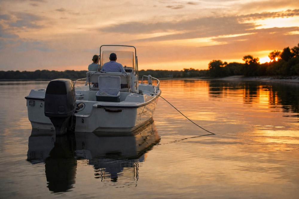 A small charter boat at anchor on calm water as the sun sets, no text, no logos, no people