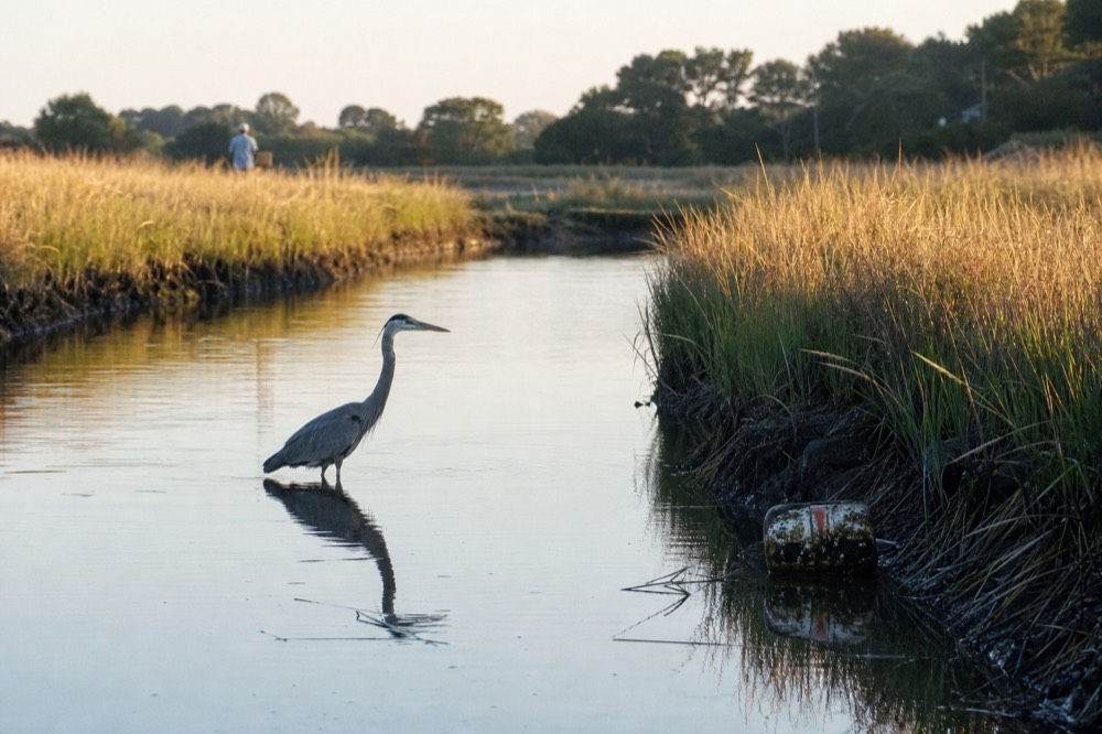 Golden late-afternoon light over a coastal Georgia salt marsh channel near Savannah, no text, no logos, no people