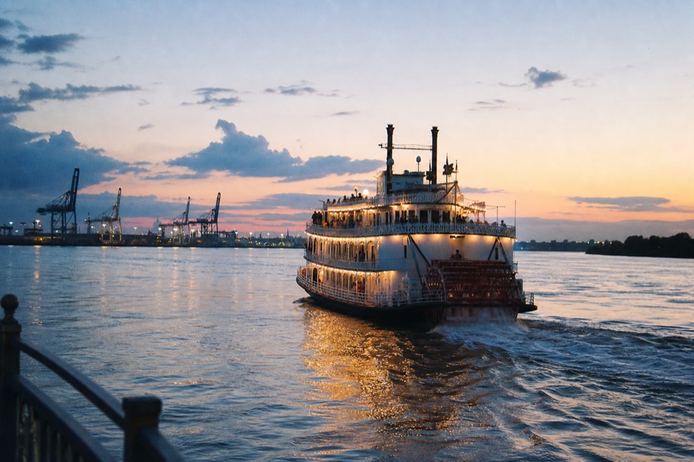 Paddlewheel riverboat on the Savannah River at twilight, no text, no logos, no people
