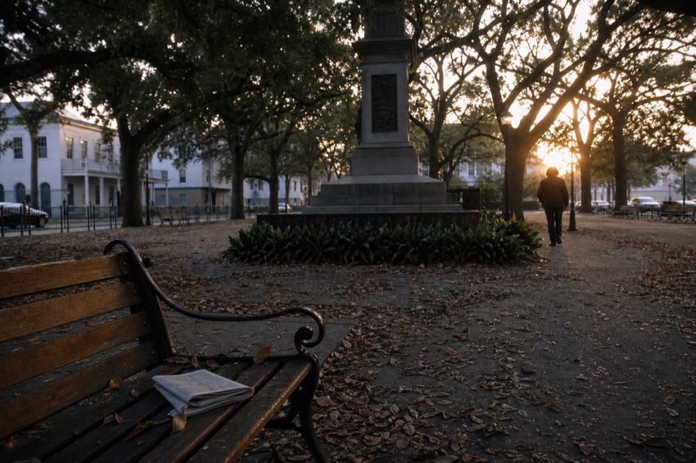 Historic Savannah square with live oaks in evening light, no text, no logos, no people