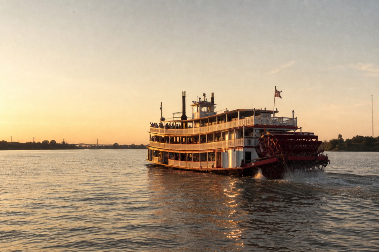 Red and white paddlewheel riverboat on the Savannah River at golden hour, no text, no logos, no people
